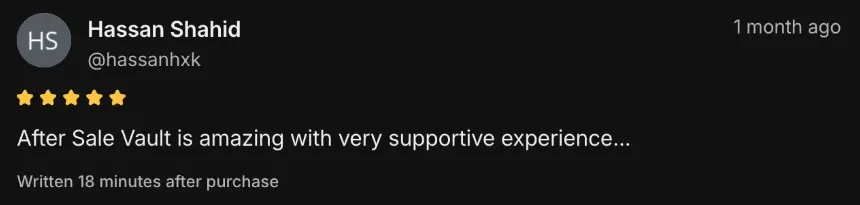 5-star Whop review from @hassanhxk: After Sale Vault is amazing with a very supportive experience