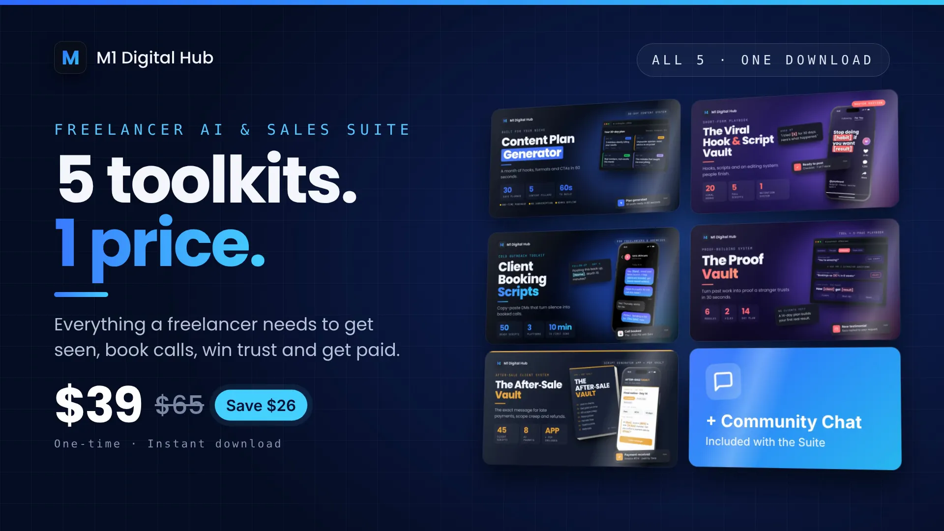 The Freelancer AI & Sales Suite: 5 toolkits, 1 price. All five toolkits plus Community Chat for $39 instead of $65, save $26